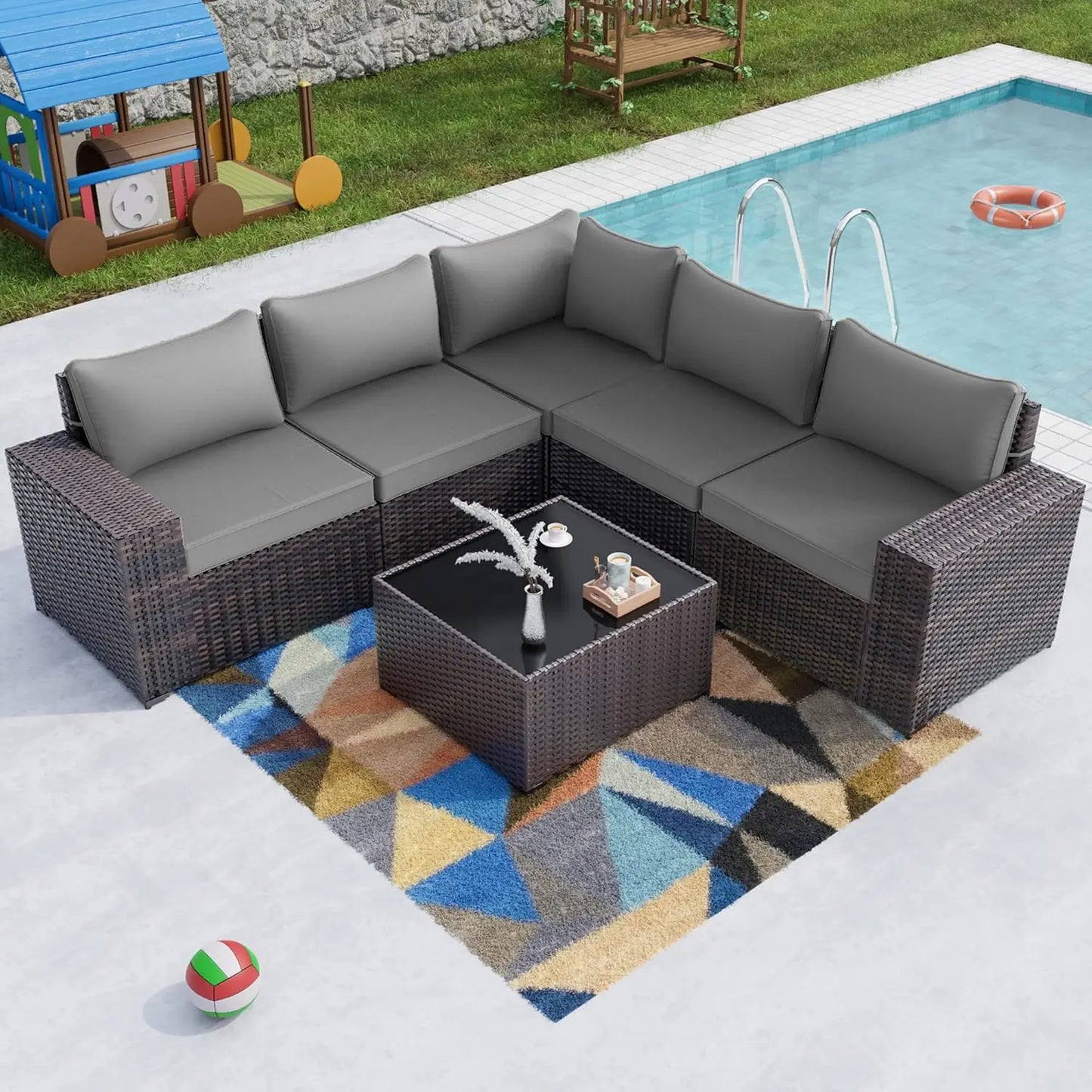 12 Pieces Outdoor Patio PE Rattan Sectional Sofa Set with Cushions & Tempered Glass Coffee Table for Garden Porch, Customized