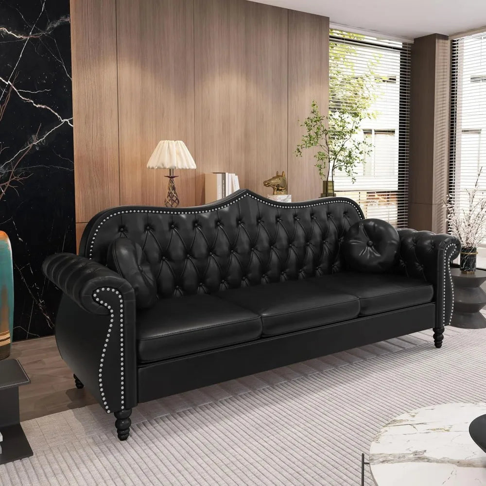Chesterfield Three Seater Sofa, Mid-Century Modern Faux Leather 3-Seater Upholstered Couch, Tufted Living Room Sofa with 2 Pillo