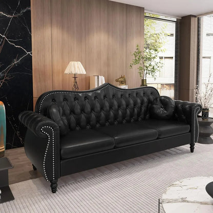 Chesterfield Three Seater Sofa, Mid-Century Modern Faux Leather 3-Seater Upholstered Couch, Tufted Living Room Sofa with 2 Pillo