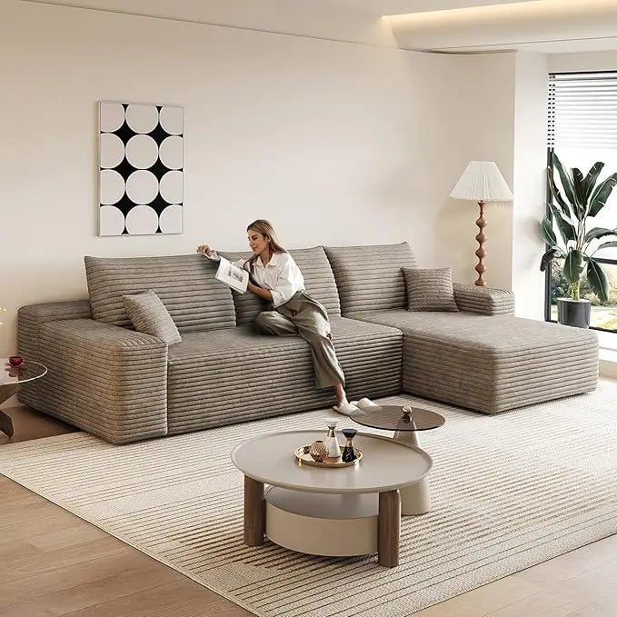107.5" Boneless Corduroy Living Room Sofa – L-Shaped Cloud Sectional with Chaise, Modular Deep Seat & No Assembly