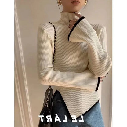High Collar Knitted Sweater Women's Autumn Winter Loose Style Irregular Design Comfortable Lazy Fashion Early Autumn Top