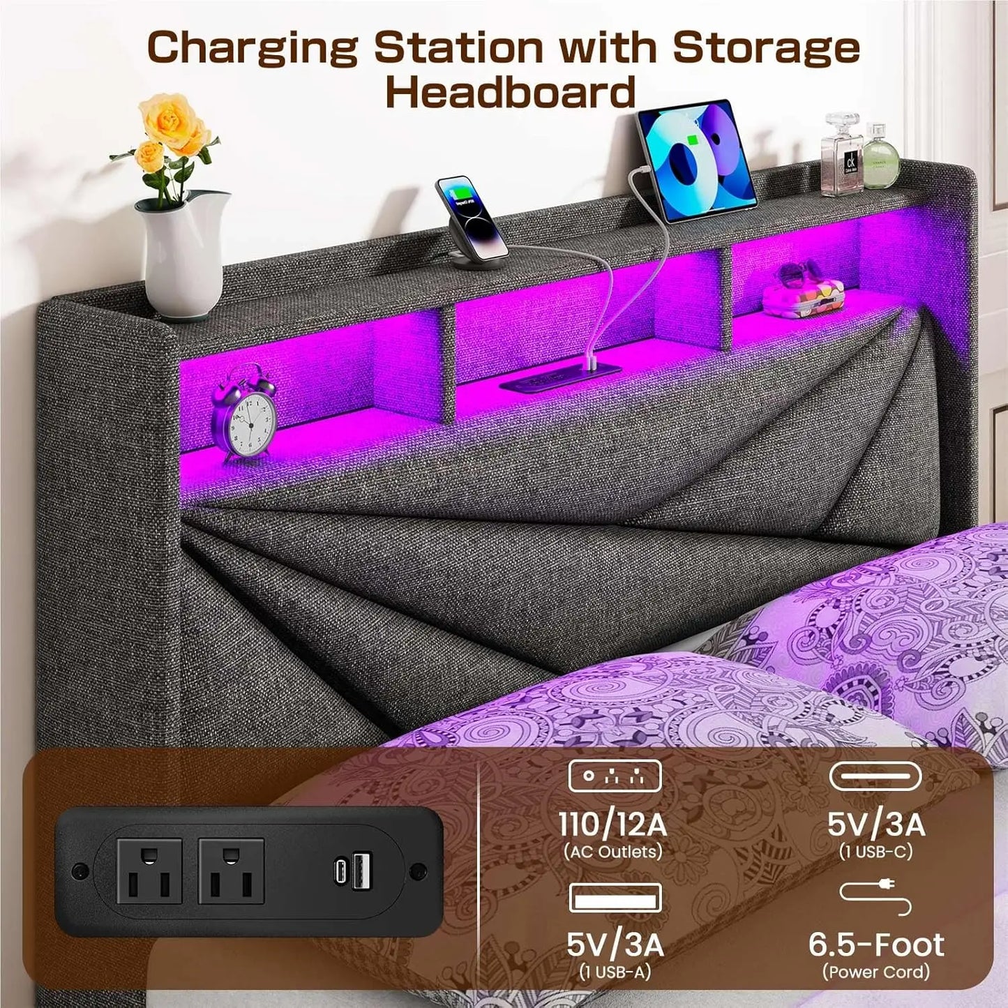 LED Queen Bed Frame with 4 Storage Drawers, Upholstered Bed Frame Queen Size with 2-Tier Headboard and Charging, Customized