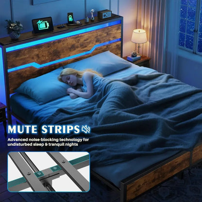 Bed Frame with Headboard,Bed Frame Queen Size with LED Lights & Charging Station & 13" Under Bed Storage, All-Metal Support