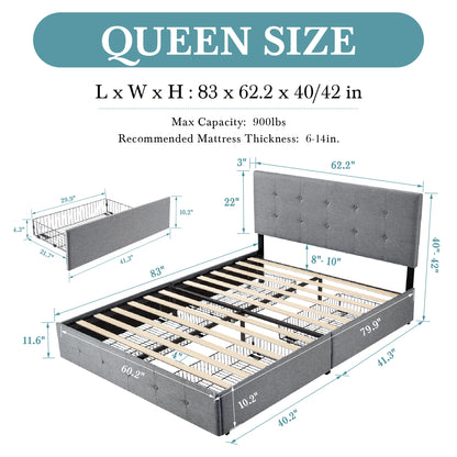 HOOMIC Platform Storage Bed Frame with 4 Drawers, Adjustable Headboard with Square Stitched Button Tufted Design Allewie
