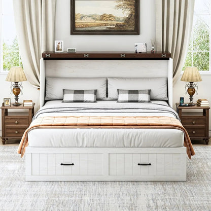 Queen Murphy Bed with Storage & Charging Station, Farmhouse Murphy Cabinet Bed with Large Drawer, Hideaway Foldable Platform Bed