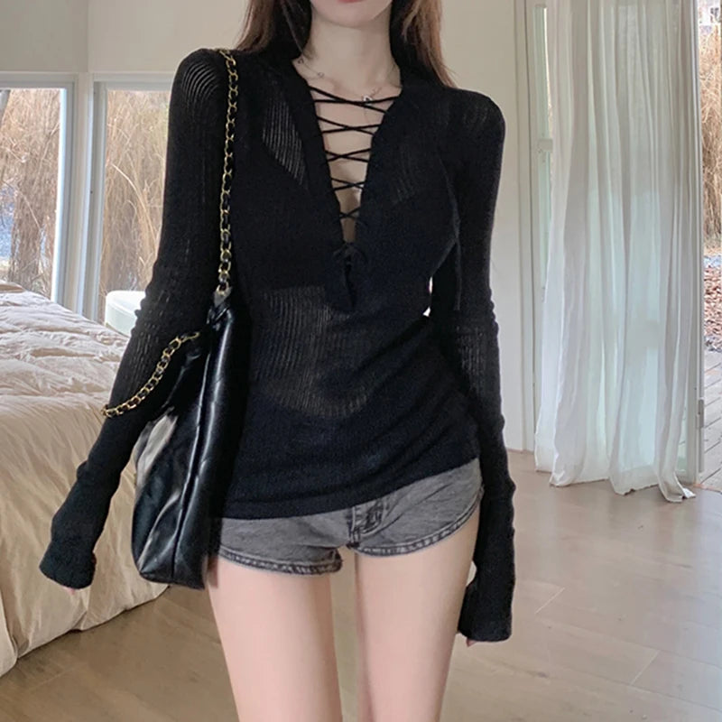 Women Lace-up Ribbed Knit Top Long Sleeve Crop Sweater Criss-cross V-Neck Fitted Pullover Teen-girl Sexy Club Fall Winter Outfit