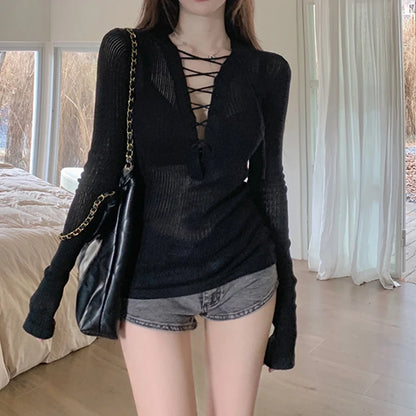 Women Lace-up Ribbed Knit Top Long Sleeve Crop Sweater Criss-cross V-Neck Fitted Pullover Teen-girl Sexy Club Fall Winter Outfit