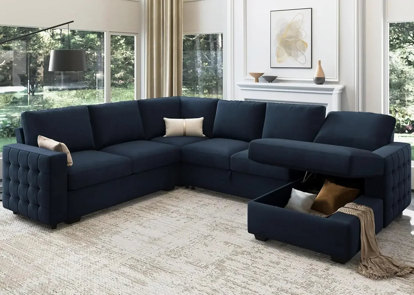 Sectional Sleeper Sofa with Pull Out Bed U-Shape Sectional Couch Sleeper Bed with Storage Chaise Lounge Living Room 6 Seater