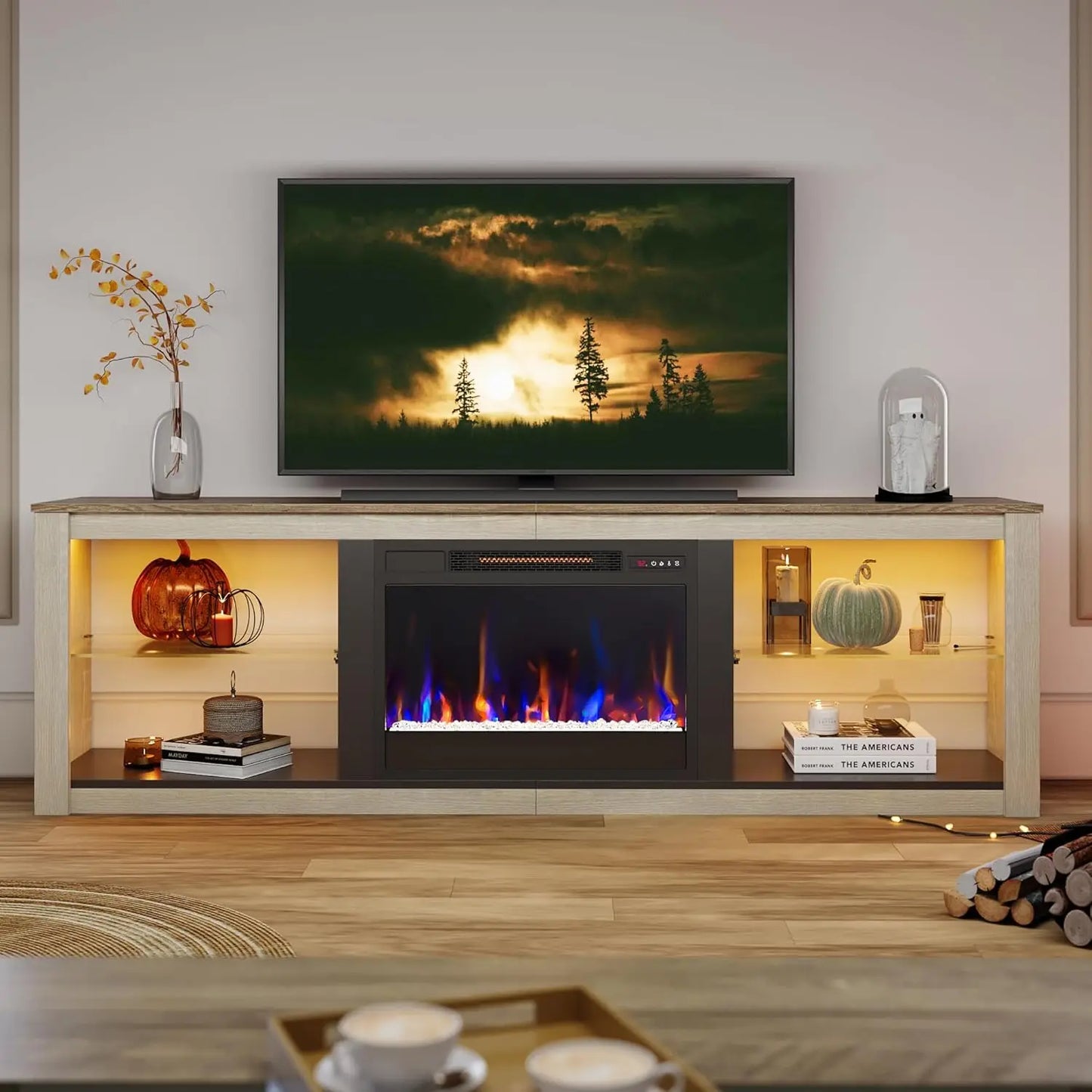 Fireplace TV Stand for 75 inch TV with 23 inch Electric Fireplace, 70 inch Entertainment Center for Living Room with LED Light