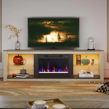 Fireplace TV Stand for 75 inch TV with 23 inch Electric Fireplace, 70 inch Entertainment Center for Living Room with LED Light