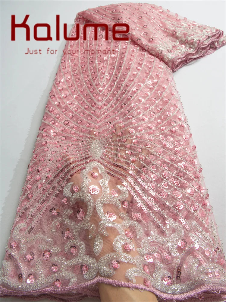 Kalume Lace 2025 African Beaded Tulle Lace Fabric Soft High Quality Mesh Net Lace Fabric with Sequins For Sewing Wedding F4500