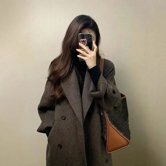 Thickened Over-Knee Mid-Length Woolen Coat Women's Autumn Winter Fashion Korean Style Women's Outerwear Polyester Fiber