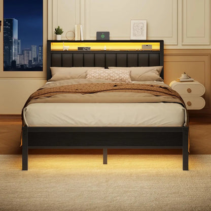 Queen Size Bed Frame with Charging Station and LED Lights, Platform Bed with Metal Slats, Grey Upholstered Headboard