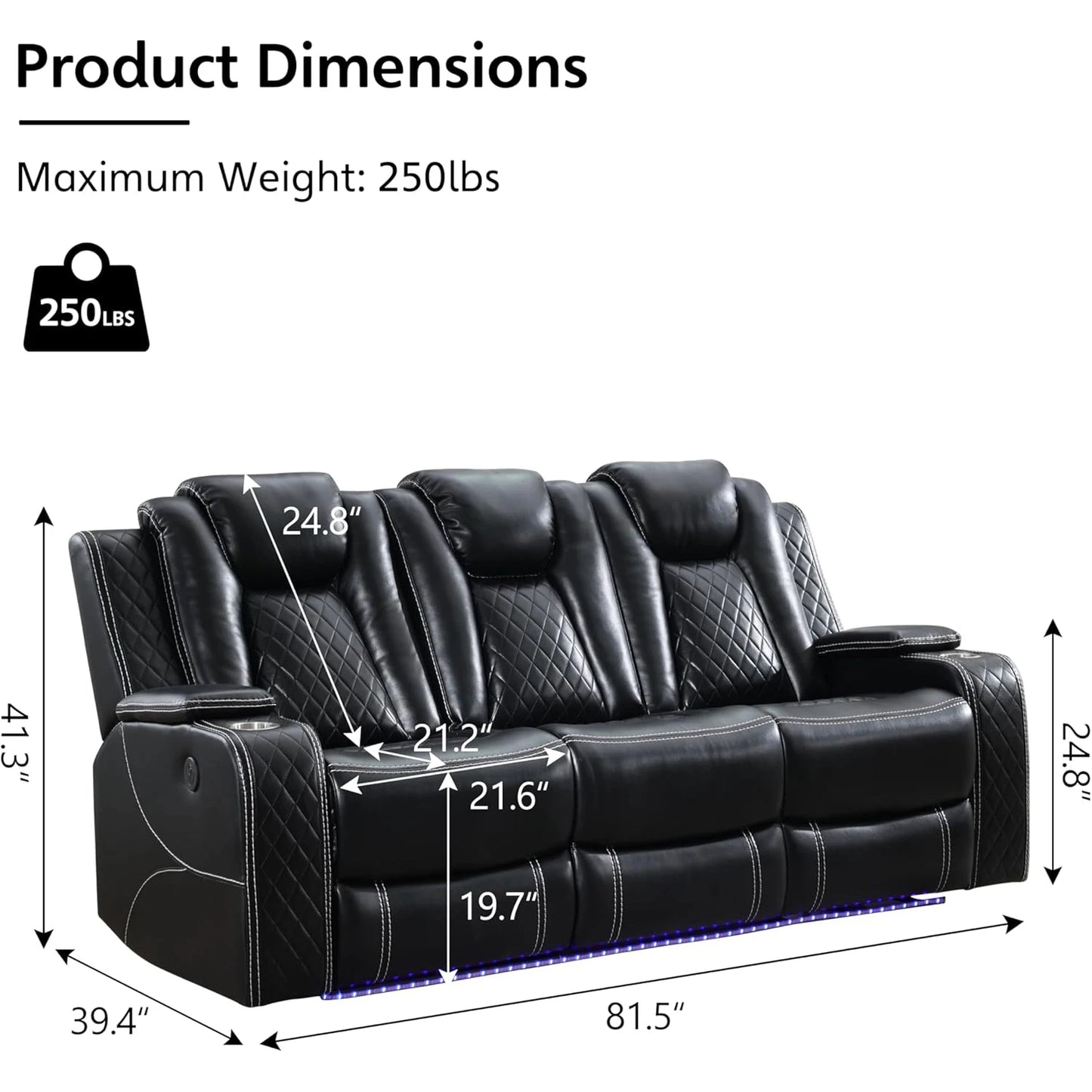 TODRANI Power Reclining Sofa 0 Gravity w/ Wireless Charger,LED Floor Lights,Reading Light, Drop-down Table USB/Type-C Port(070)