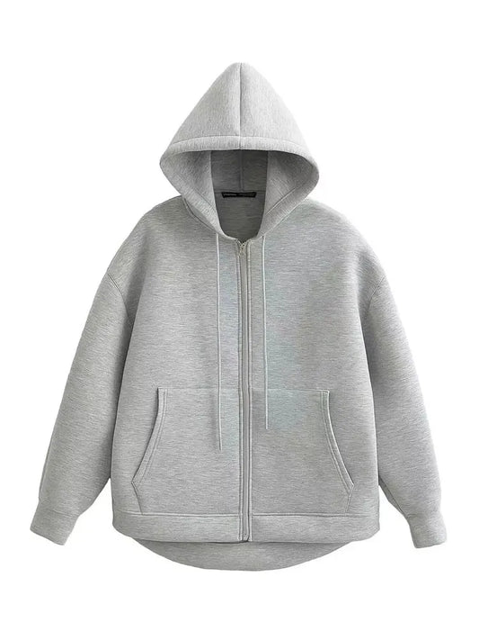 Autumn Women Gray Jacket With Hood Long Sleeve Big Pocket Zipper Jacket Coat Woman Loose Casual Outerwear Coat Tops