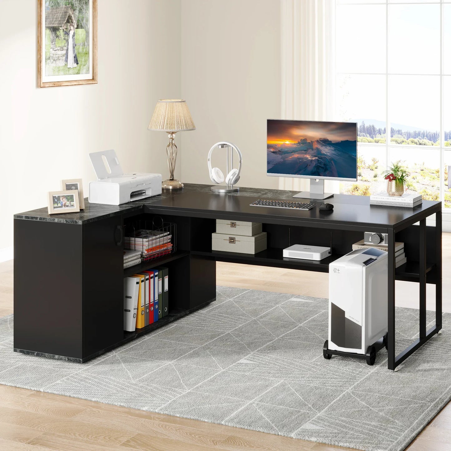 Tribesigns 71 inch Executive Desk, L Shaped Desk with Cabinet Storage, Executive Office Desk with Shelves, Business Furniture