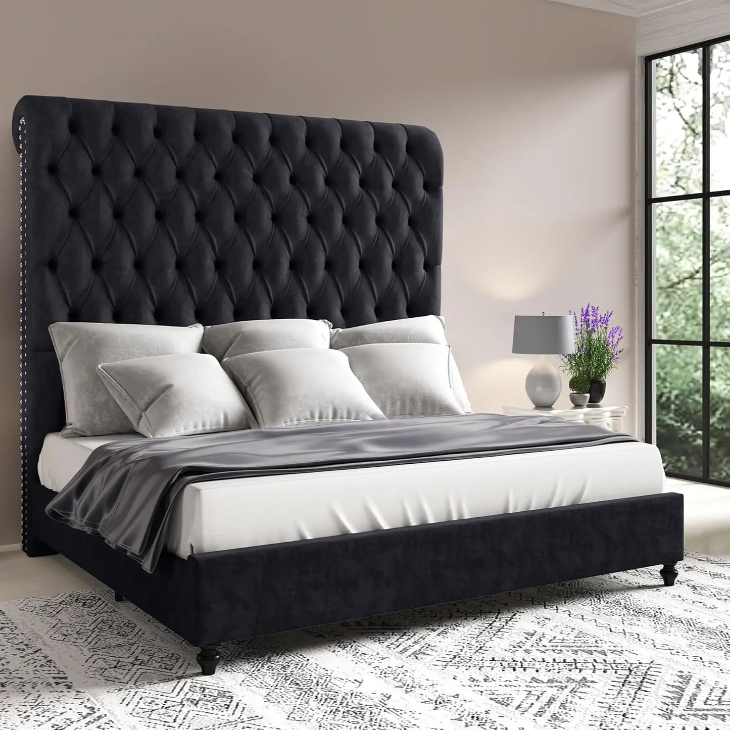 King Size Bed Frame with 59" Tall Upholstered Headboard, Luxury Velvet Bed with Handcrafted Deep-Tufted Design and, Customized
