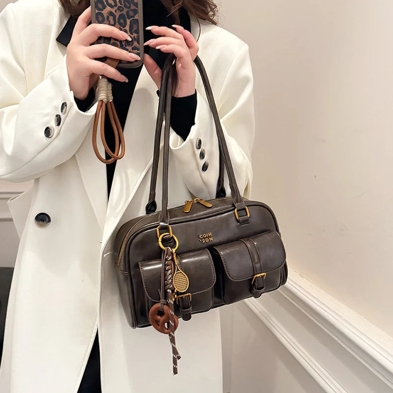 Women Multi Pockets Shoulder Bag with Pendant Retro Underarm Bag Vintage Armpit Bag Travel Shopping Date Handbag