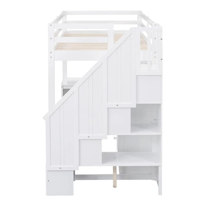 Solid Wood Loft Bed with L-Shaped Desk, Twin Loft Bed with Storage Drawers and Cabinets, White, Customized