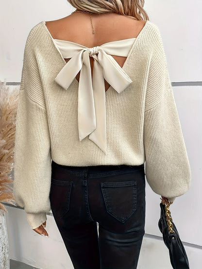 Autumn and Winter New Fashion Woman Sweater V-neck Solid Color Long-Sleeve Relaxed-Fit Bow Top