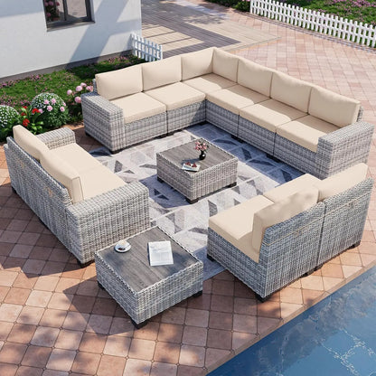 12-Piece Outdoor Patio Furniture Set Wicker Sectional Sofa Set, Patio Conversation Set with Thickened Cushions & Side Table