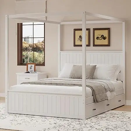 SOFTSEA Canopy Platform Bed with Trundle and Three Storage Drawers, Queen Size Solid Wood Bed with Headboard, 4-Post Platform Fr
