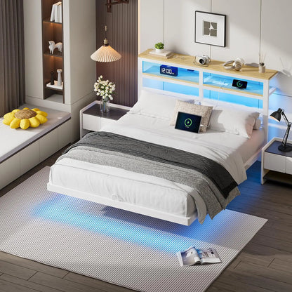 Floating Bed Frame Queen Size with Storage Headboard,Modern Metal Platform with Smart LED Lights and Charging, Customized