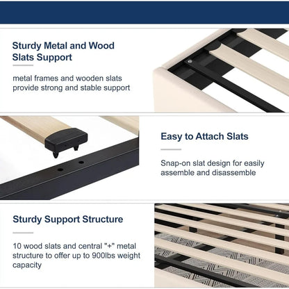 Queen Size Platform Bed Frame with Charging Stations & 4 Storage Drawers, Upholstered Adjustable Headboard, Wooden Slats Support