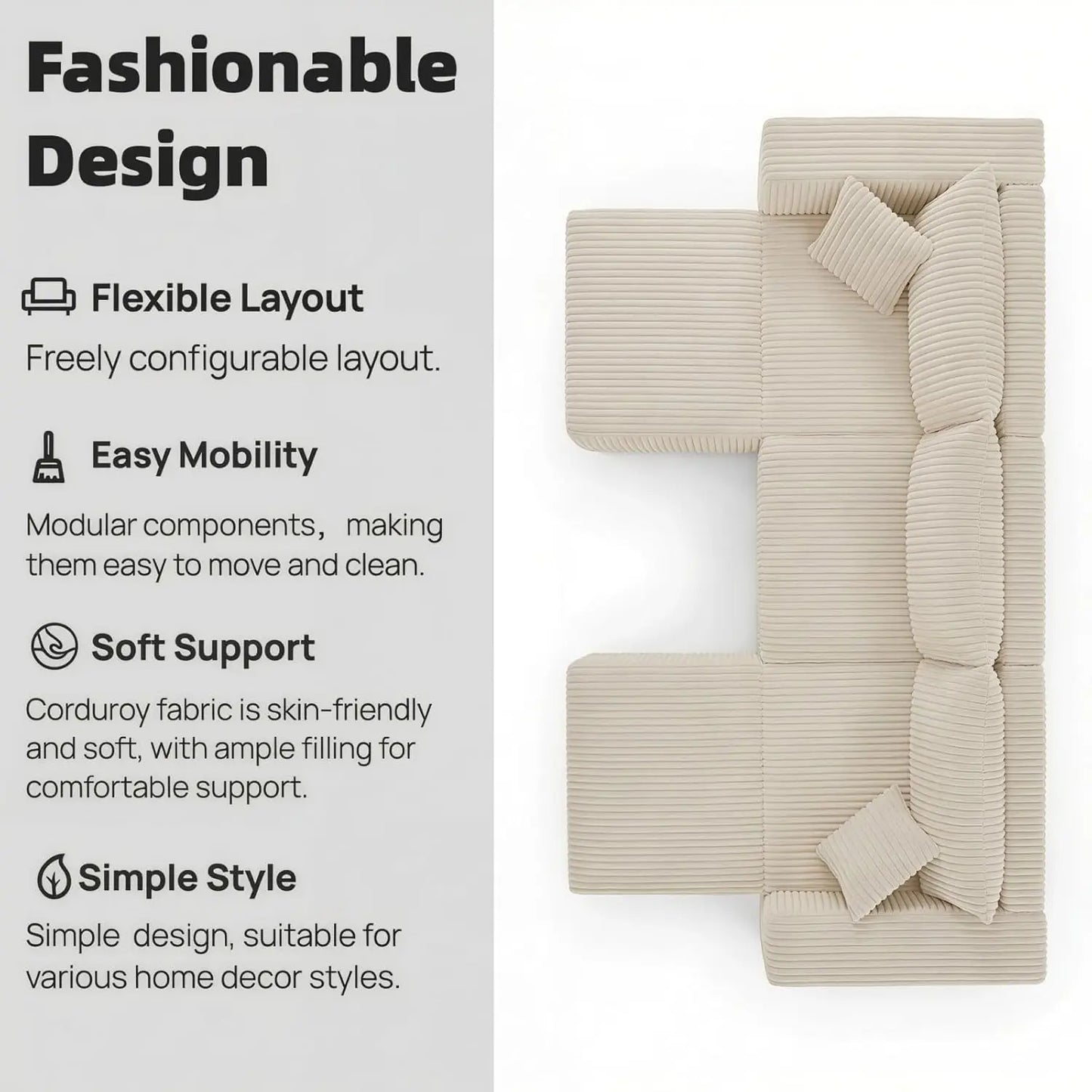 94" Modular Sectional Sofa, Comfy U-Shaped Boneless Couch, Sectional Couches for Living Room, High-Density Foam, Customized