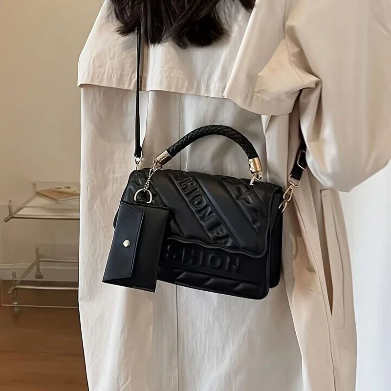 1pc Trendy Quilted Handbag with Adjustable Strap, Stylish Black Shoulder Purse for Women with Mini Coin Pouch, Crossbody Purse