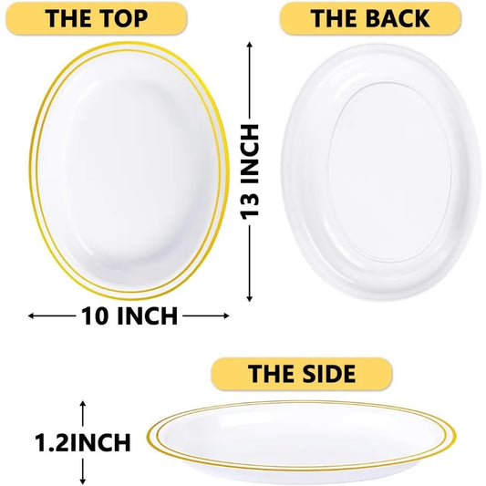 YOUBET 24PCS Oval Plastic Plates 13 inch Super Strong White and Gold Disposable Platters Heavy Duty Serving Trays for BBQ Picni