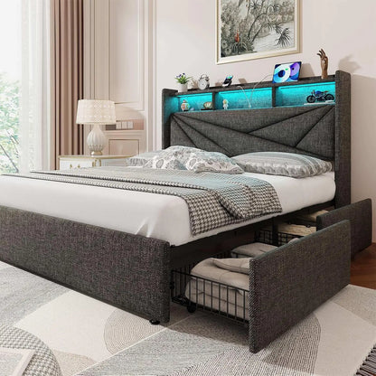 LED Queen Bed Frame with 4 Storage Drawers, Upholstered Bed Frame Queen Size with 2-Tier Headboard and Charging, Customized