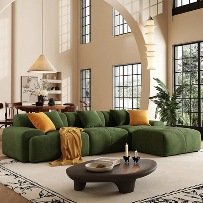 113" L-Shape Modular Sectional Sofa Corduroy Upholstery 3-Seater Cloud Couch Movable Ottoman Living Room Green, Customized