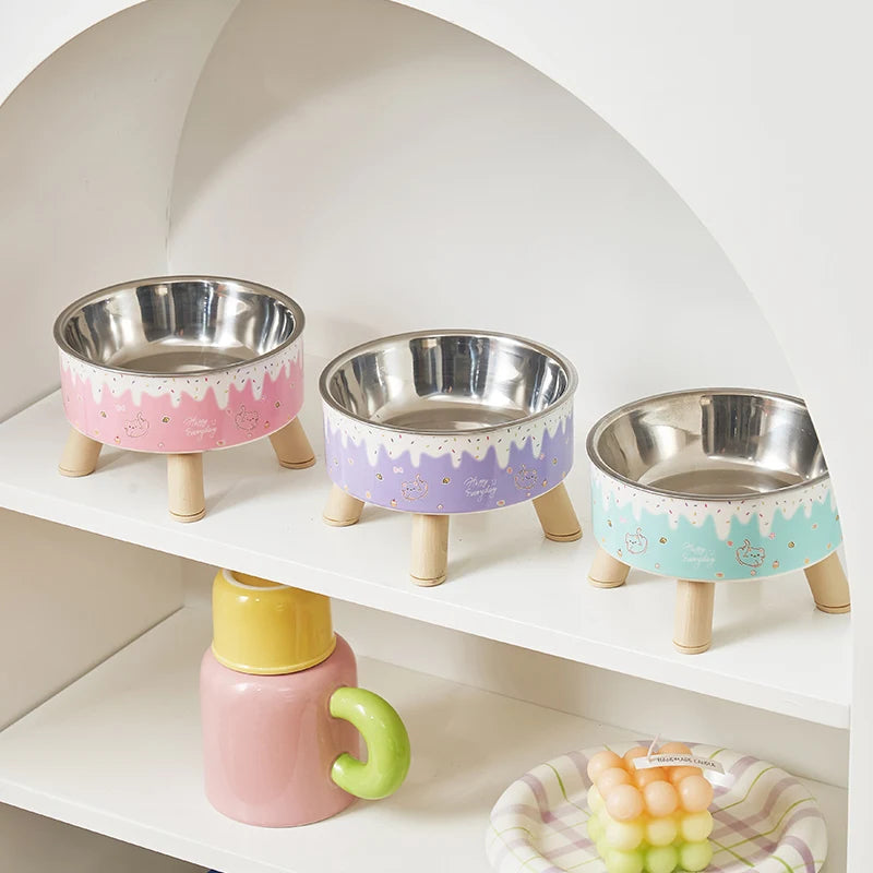 An ice cream pet bowl Colorful feeding and water cat bowl Fashion cartoon design dog bowl Pet high-legged neck bowl