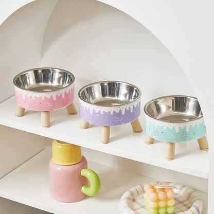 An ice cream pet bowl Colorful feeding and water cat bowl Fashion cartoon design dog bowl Pet high-legged neck bowl