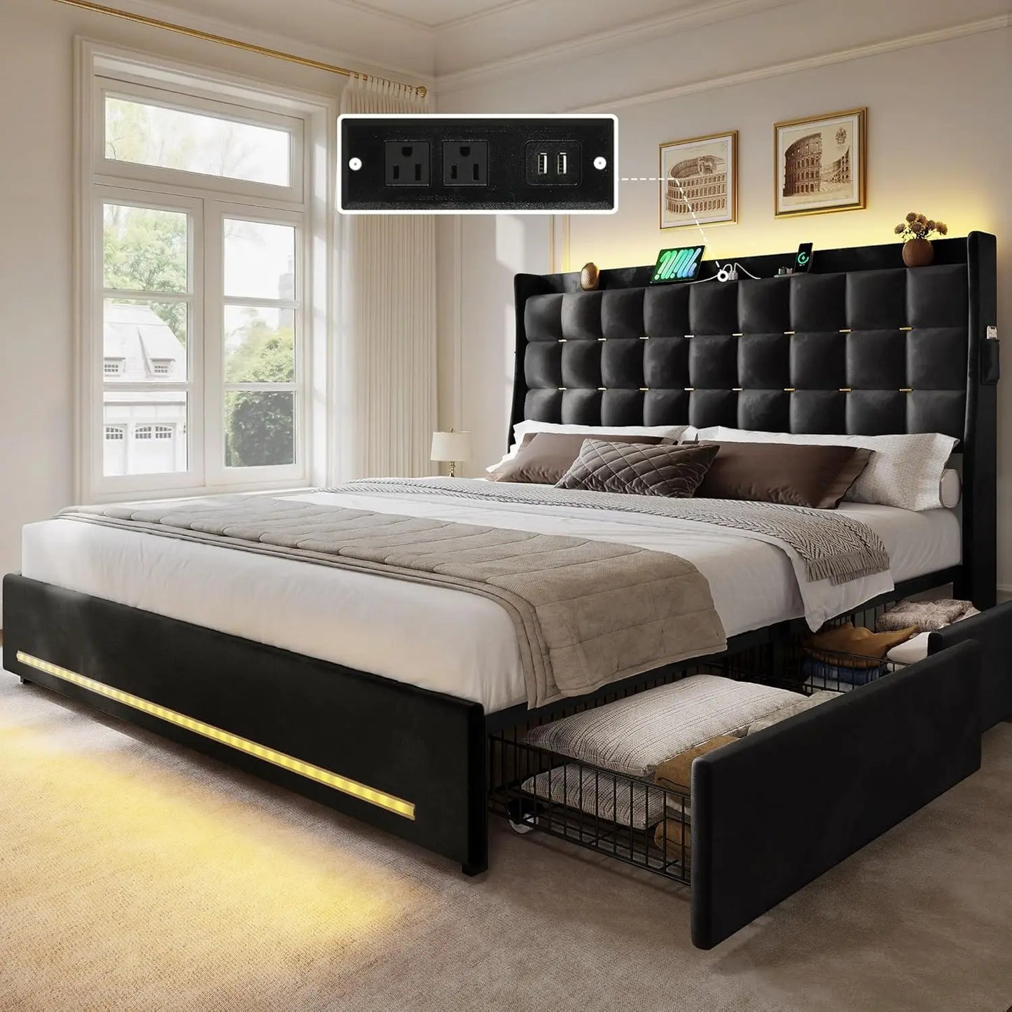 LED Queen/king Bed Frame with 4 Drawers Velvet Upholstered Platform Bed, No Box Spring Needed, Easy Assembly