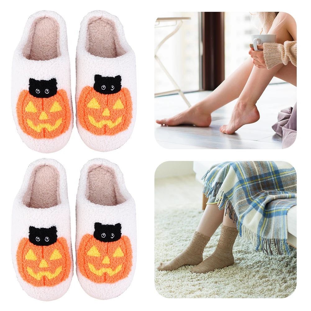 Halloween Pumpkin Cat Slippers Closed Toe Slippers Flat Thermal Slippers Warm Slip-On Unisex House Shoes Winter Halloween Gifts