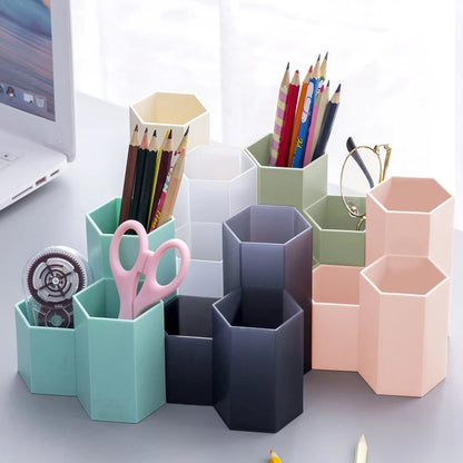 Simple Large Capacity Hexagonal Desktop Organizer Pen Container Holder Storage Pencil Cup 3 Slot Stand School Office Supplies