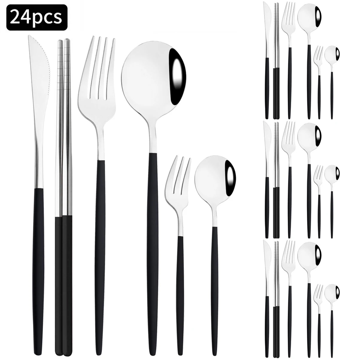 24pcs Silver Stainless Steel Cutlery Set Mirror Dinnerware Set Fork Knife Spoon Chopsticks Tableware Teaspoon Cake Fork Flatware