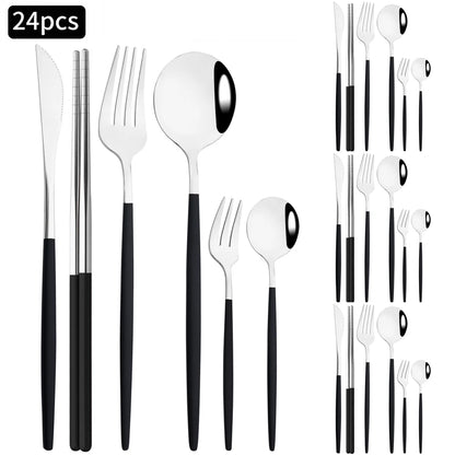 24pcs Silver Stainless Steel Cutlery Set Mirror Dinnerware Set Fork Knife Spoon Chopsticks Tableware Teaspoon Cake Fork Flatware