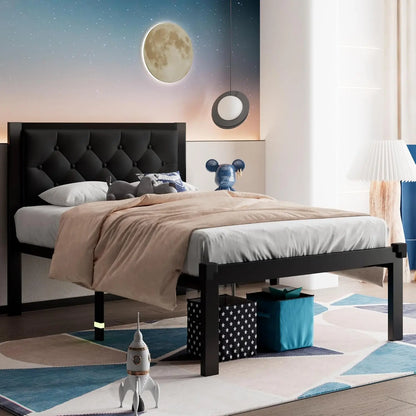 Twin Size Metal Bed Frame with Faux Leather Headboard, 12" Storage, Noise Free, Black