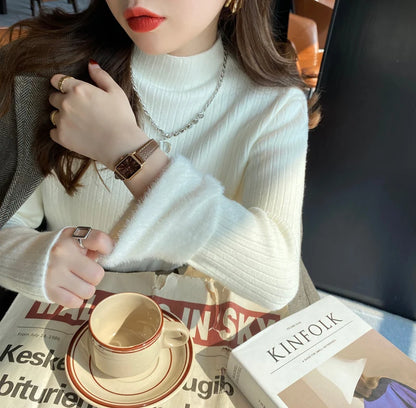 Turtleneck Winter Sweater Women Elegant Thicken Velvet Lined Warm Sueter Fleece Knitted Pullover Slim Top Jersey Jumper Knitwear