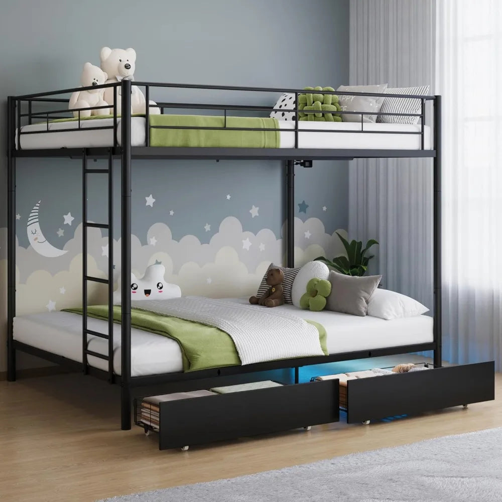 Twin Over Twin Metal Bunk Bed with LED Lights, USB Charging Station, 2 Drawers, Guard Rails & Ladder – No Box Spring Needed,