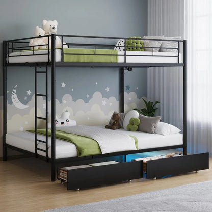 Twin Over Twin Metal Bunk Bed with LED Lights, USB Charging Station, 2 Drawers, Guard Rails & Ladder – No Box Spring Needed,