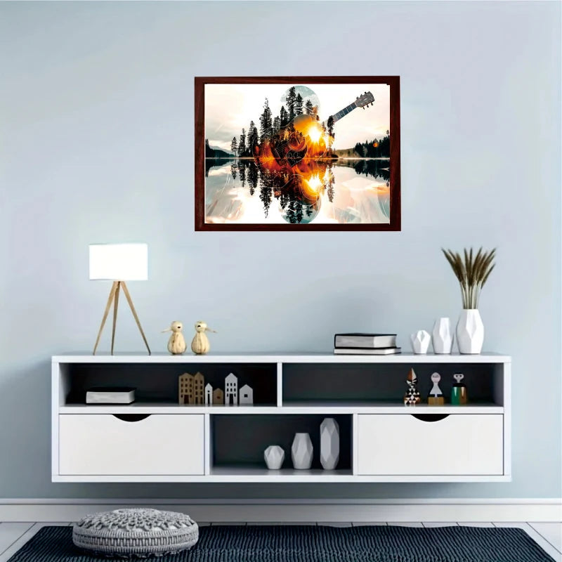 Adult Advanced Wooden Puzzle Game - Lake Reflection and Guitar and Forest Scenes, Thick and Durable Wood, Vibrant Sunset Color, Seamless Edge - Birthday, Halloween, Thanksgiving, Easter Natural and Music Theme DIY Puzzle - Ho