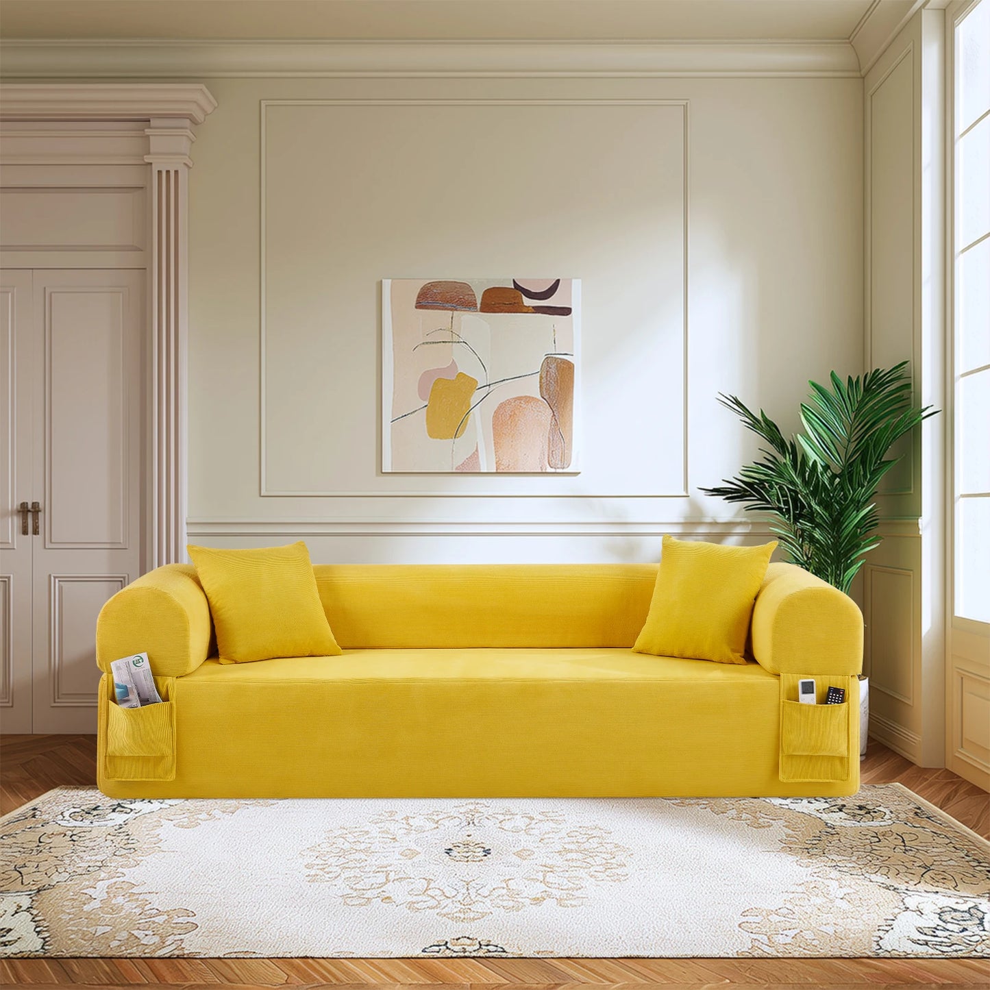 Sofa in a Box, No Assembly 3-Seater Floor Sofa Couch with 2 Pillows & Corduroy Fabric & Side Storage Pockets