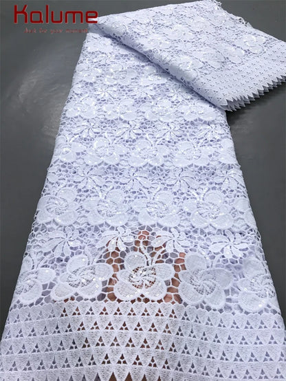 White African Guipure Cord Lace Fabric with Sequins 2025 High Quality Nigerian Guipure Cord Lace for Sewing Wedding Dress F4025