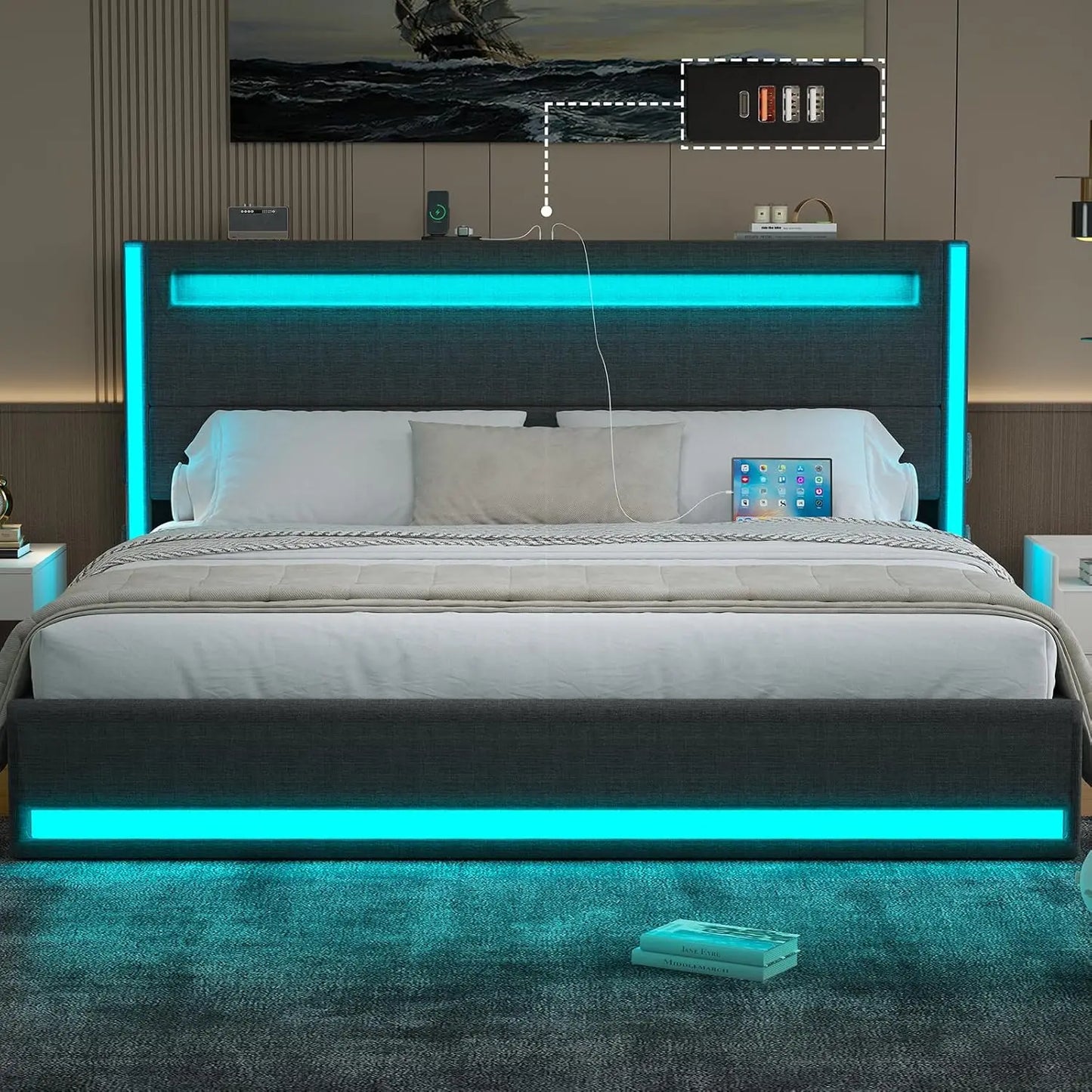 King Size Platform Bed with LED Lights, USB Charging & Adjustable Headboard - Dark Grey, No Box Spring Needed