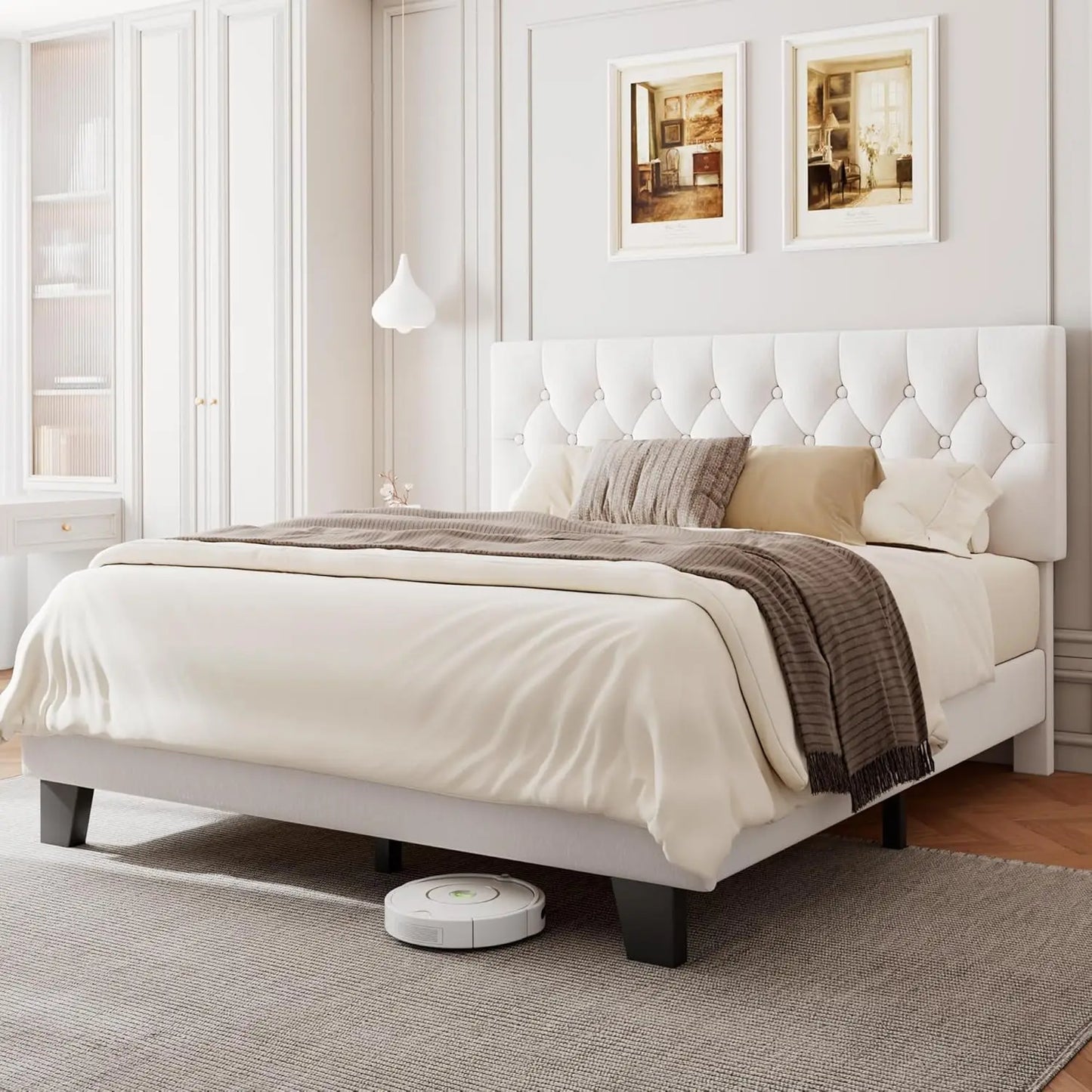 Upholstered Bed Frame with Headboard, Button Tufted Linen Bed Base, Platform Bed with Wood Slat, Heavy Duty,, Customized