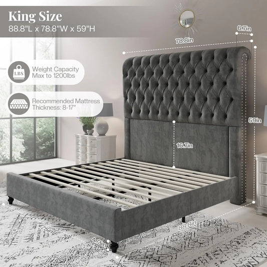 King Size Bed Frame with 59" Tall Upholstered Headboard, Luxury Velvet Bed with Handcrafted Deep-Tufted Design and, Customized